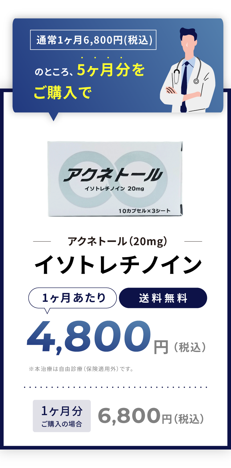 イソトレチノイン（アクネトール）（20mg）通常1ヶ月6,800円（税込）のところ、5ヶ月分をご購入で 4,800円（税込）